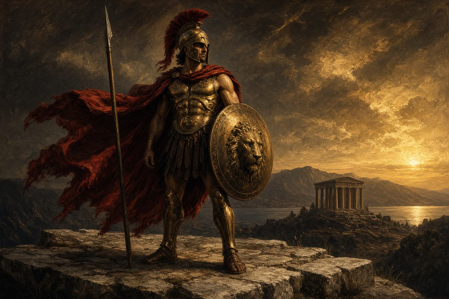 A Greek hoplite in bronze armor standing at dawn before temple columns